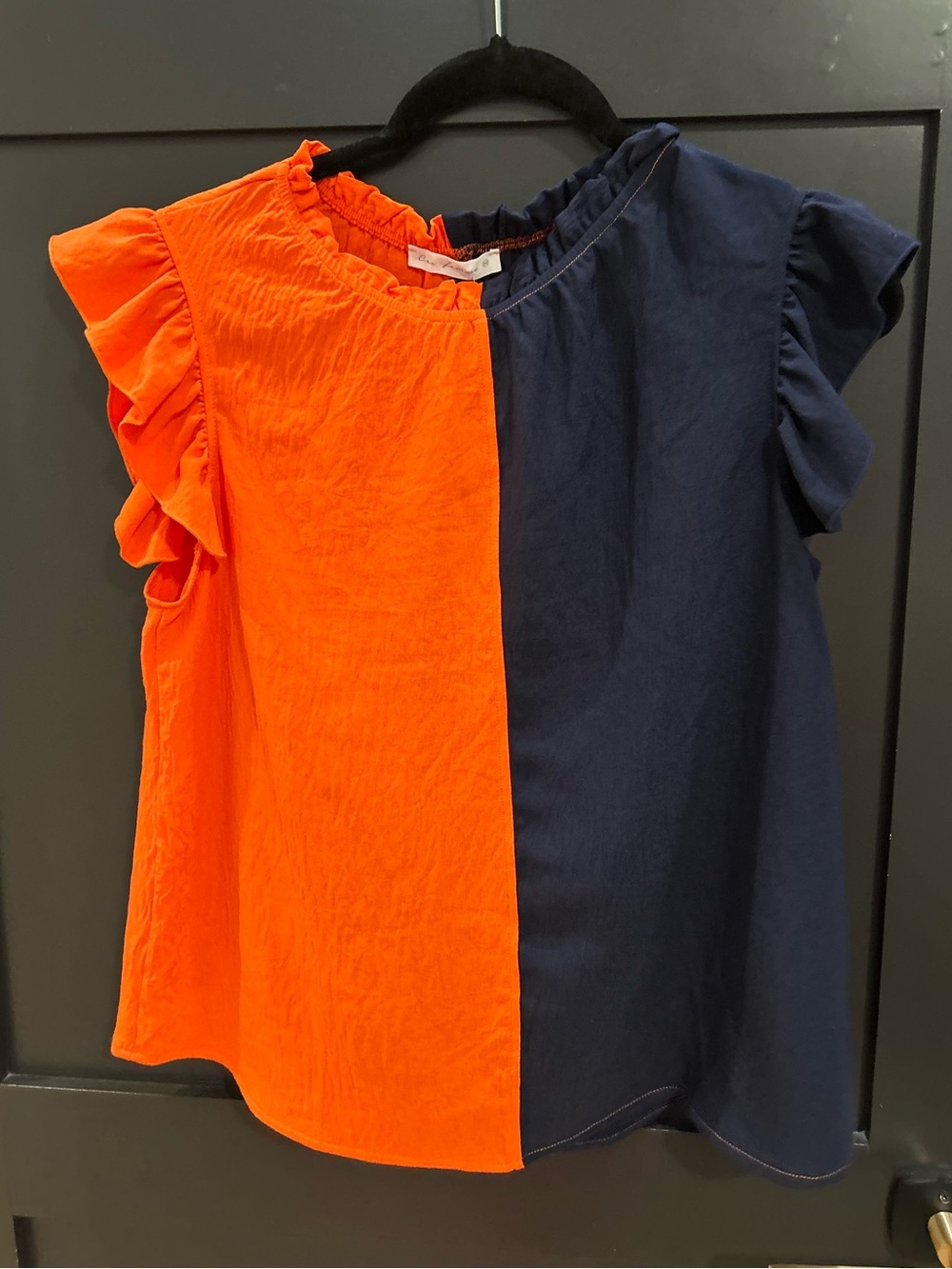 Ces Femme Bright Orange and Navy Split Ruffle Sleeve Blouse